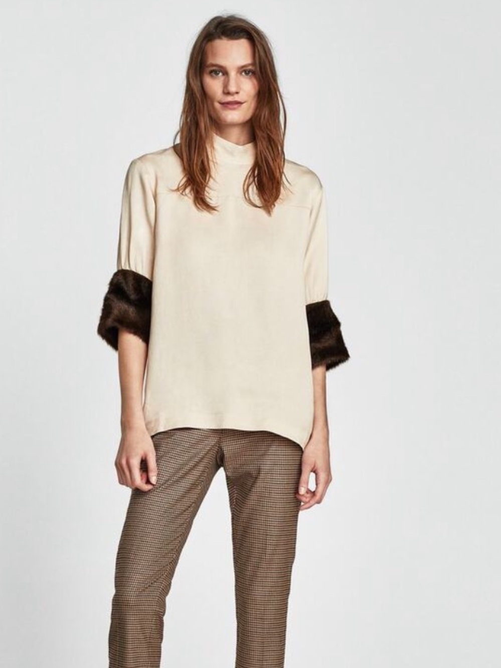Zara Beige Mock Neck Top with Dark Brown Fur Cuffs